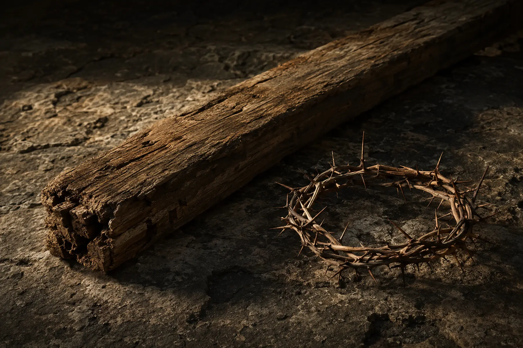 Rough olive wood and a crown of thorns in quiet side light
