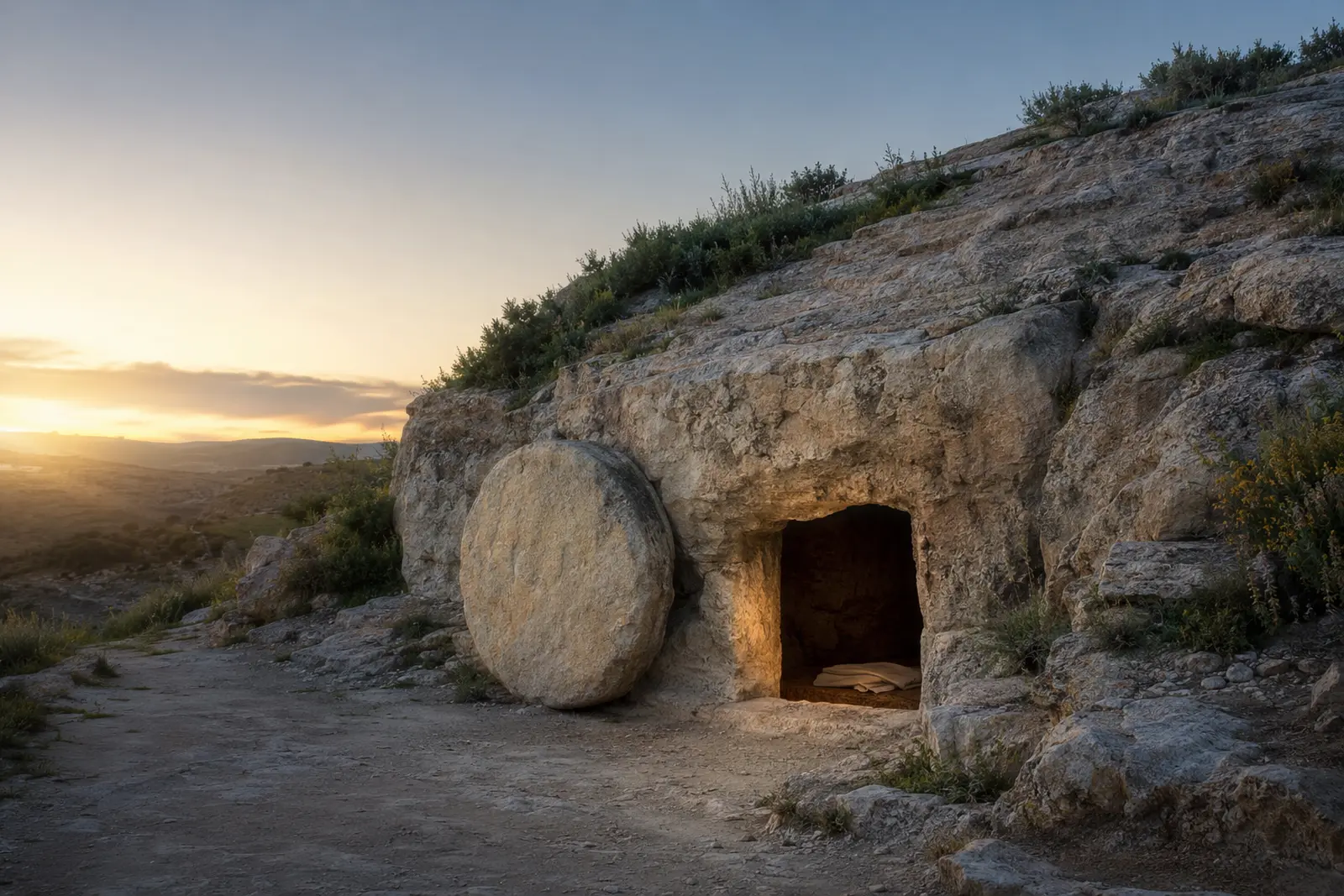 An empty rock-hewn tomb at first light