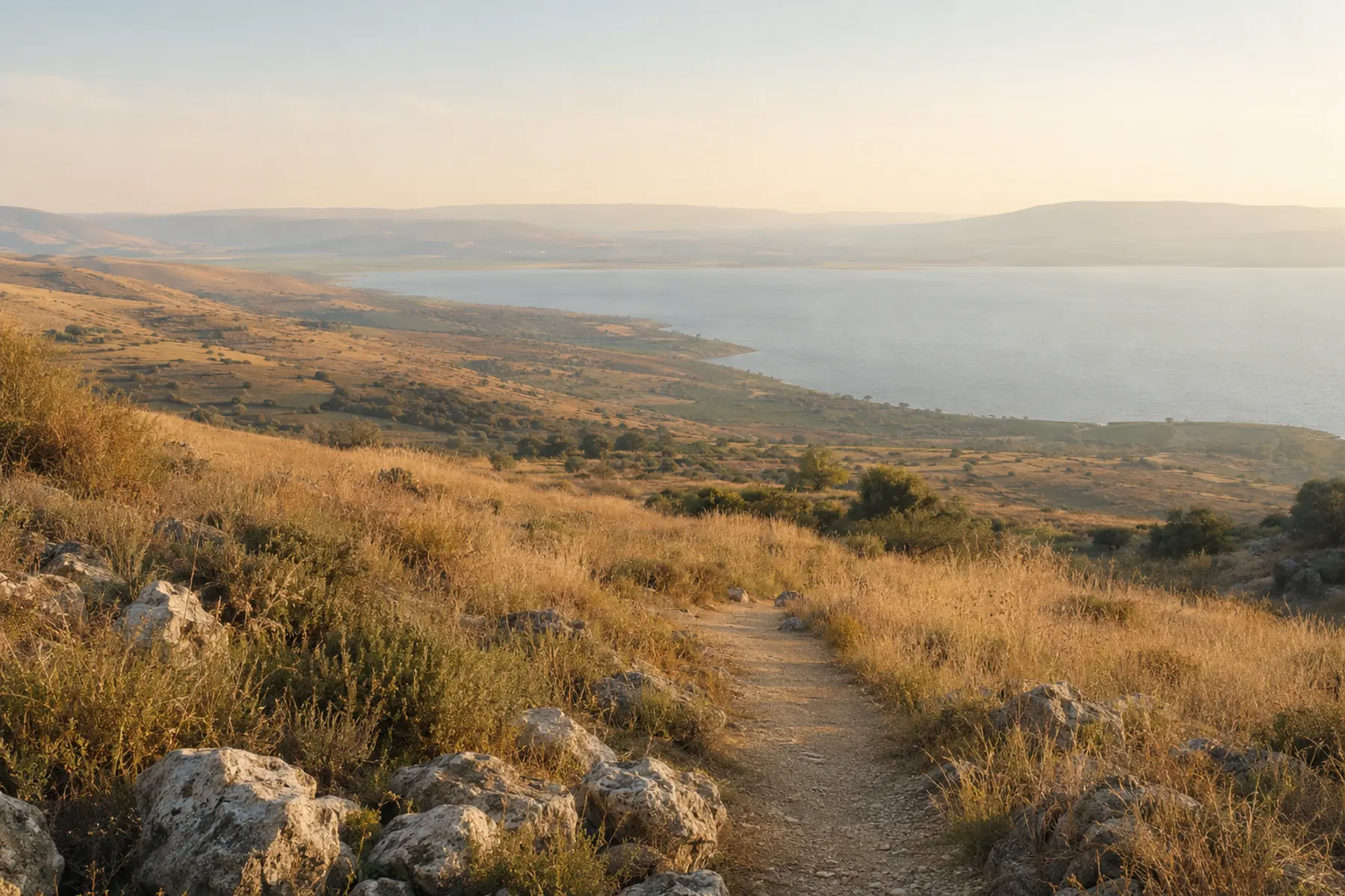 A quiet path above the Sea of Galilee in morning light