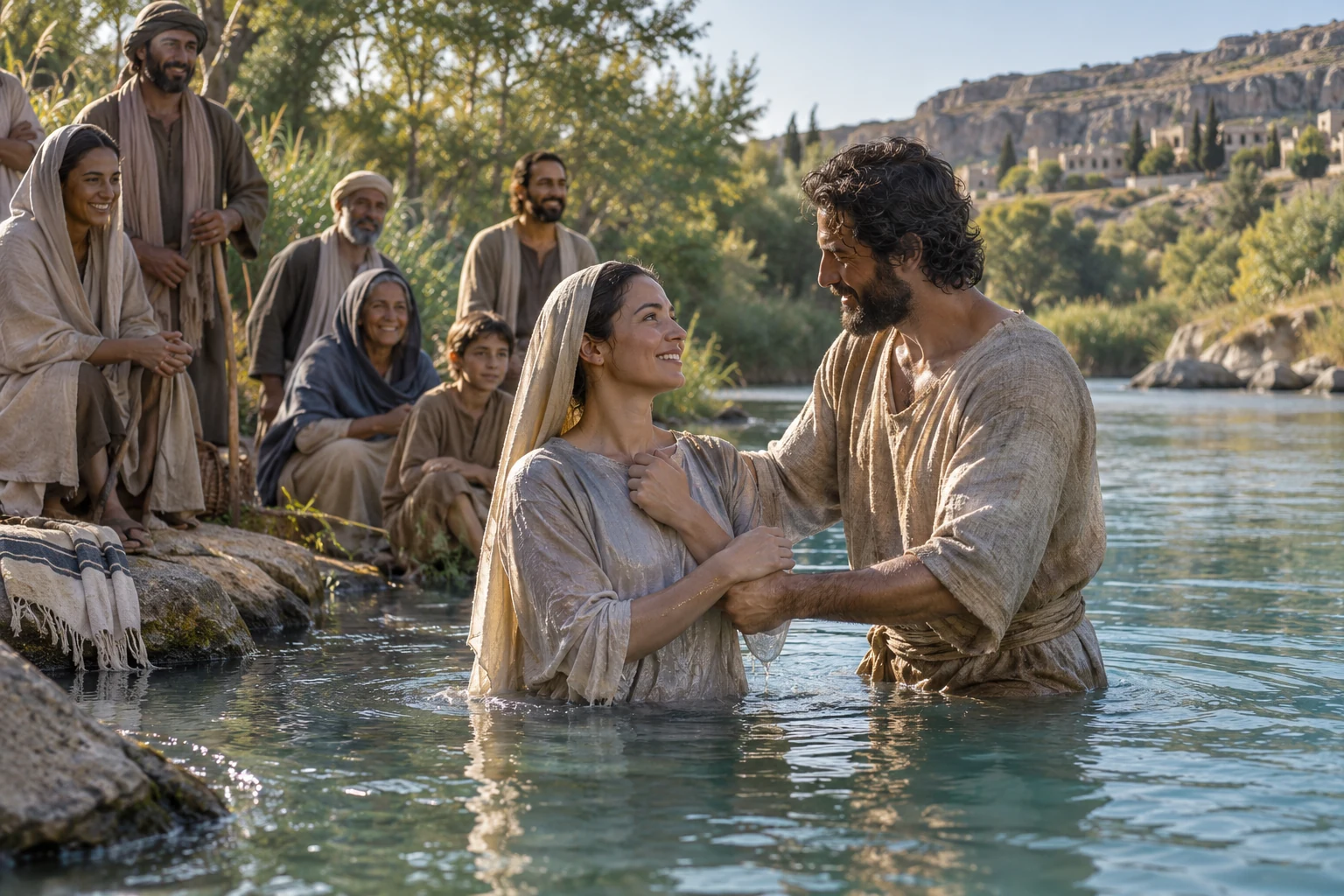 An adult believer in the water with another Christian, while a small community gathers on the bank
