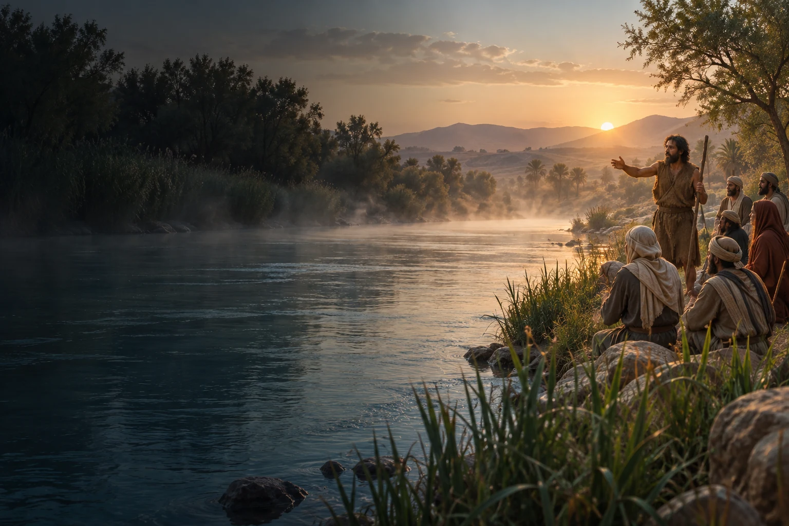 The Jordan winding between reeds and trees, with a small gathering on its bank at dawn