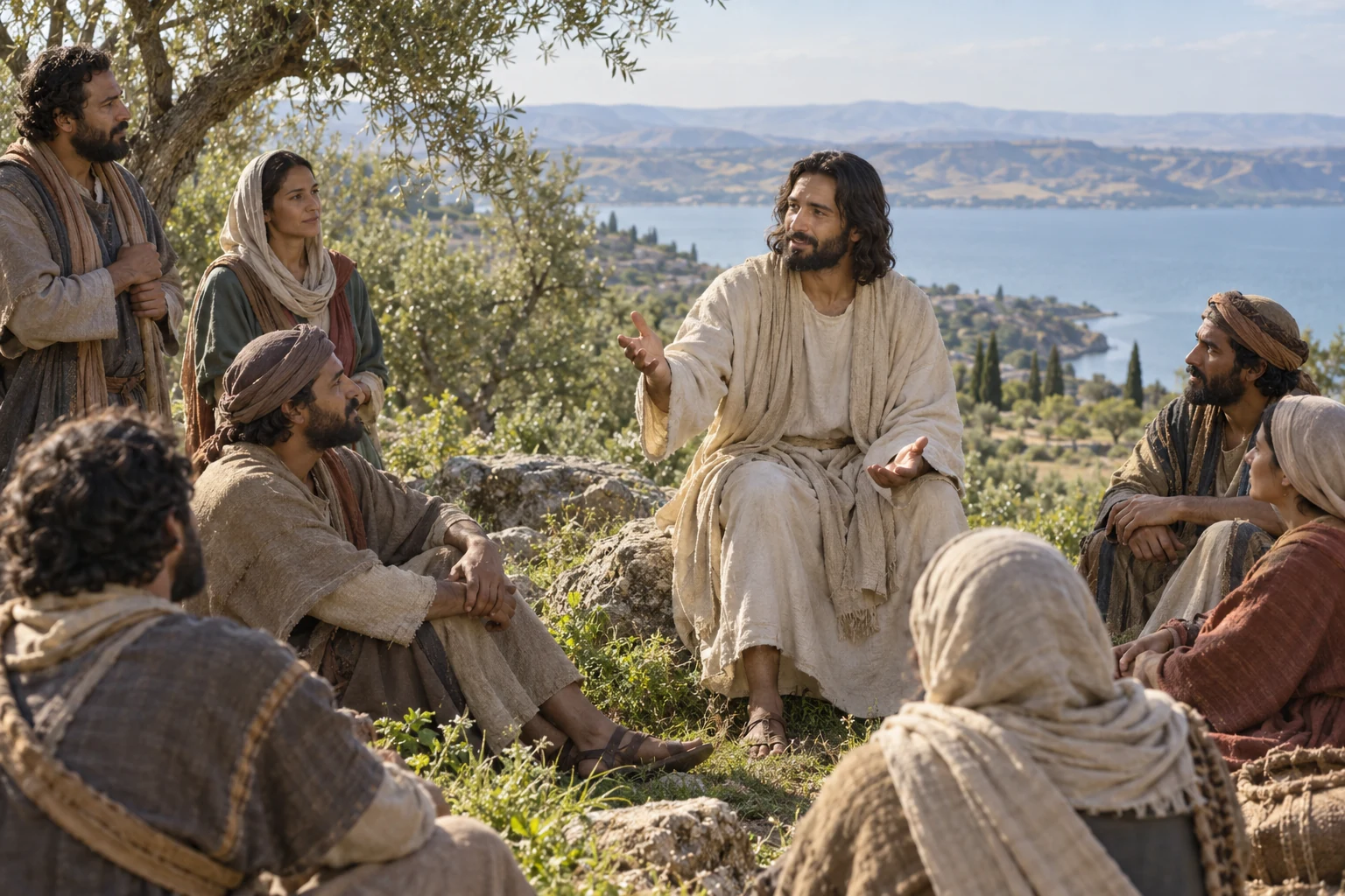 The risen Jesus addressing His disciples on a Galilean hillside