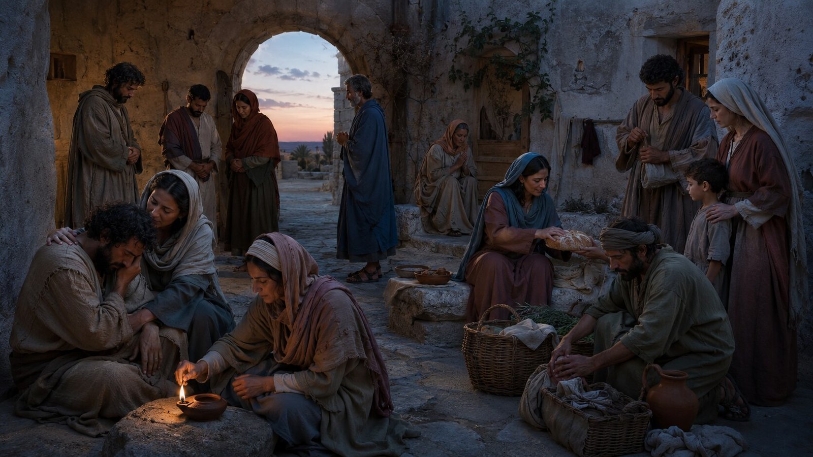 A diverse group of believers serving, praying and keeping watch as dawn approaches