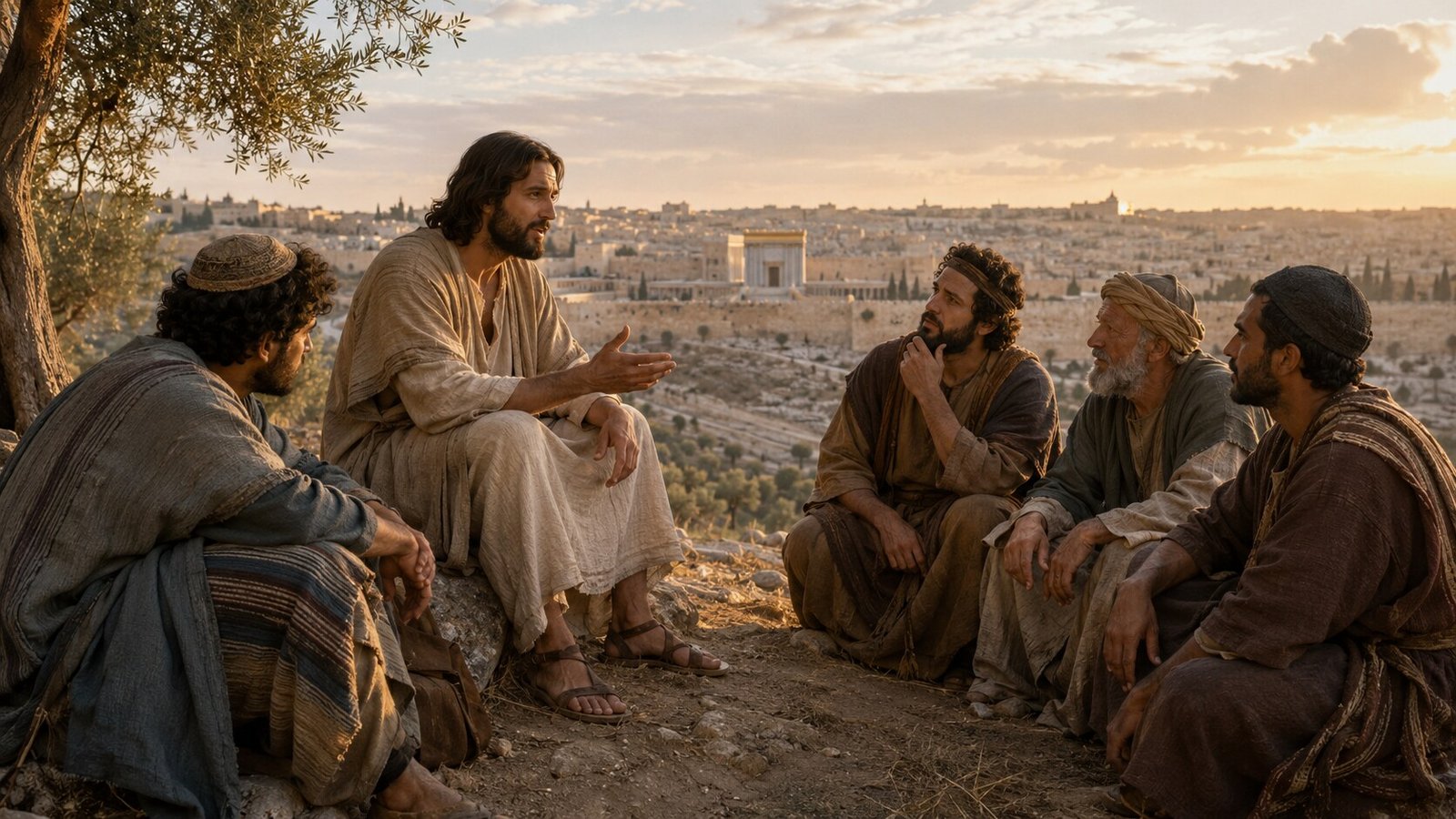 Jesus teaching four disciples on the Mount of Olives with Jerusalem across the valley