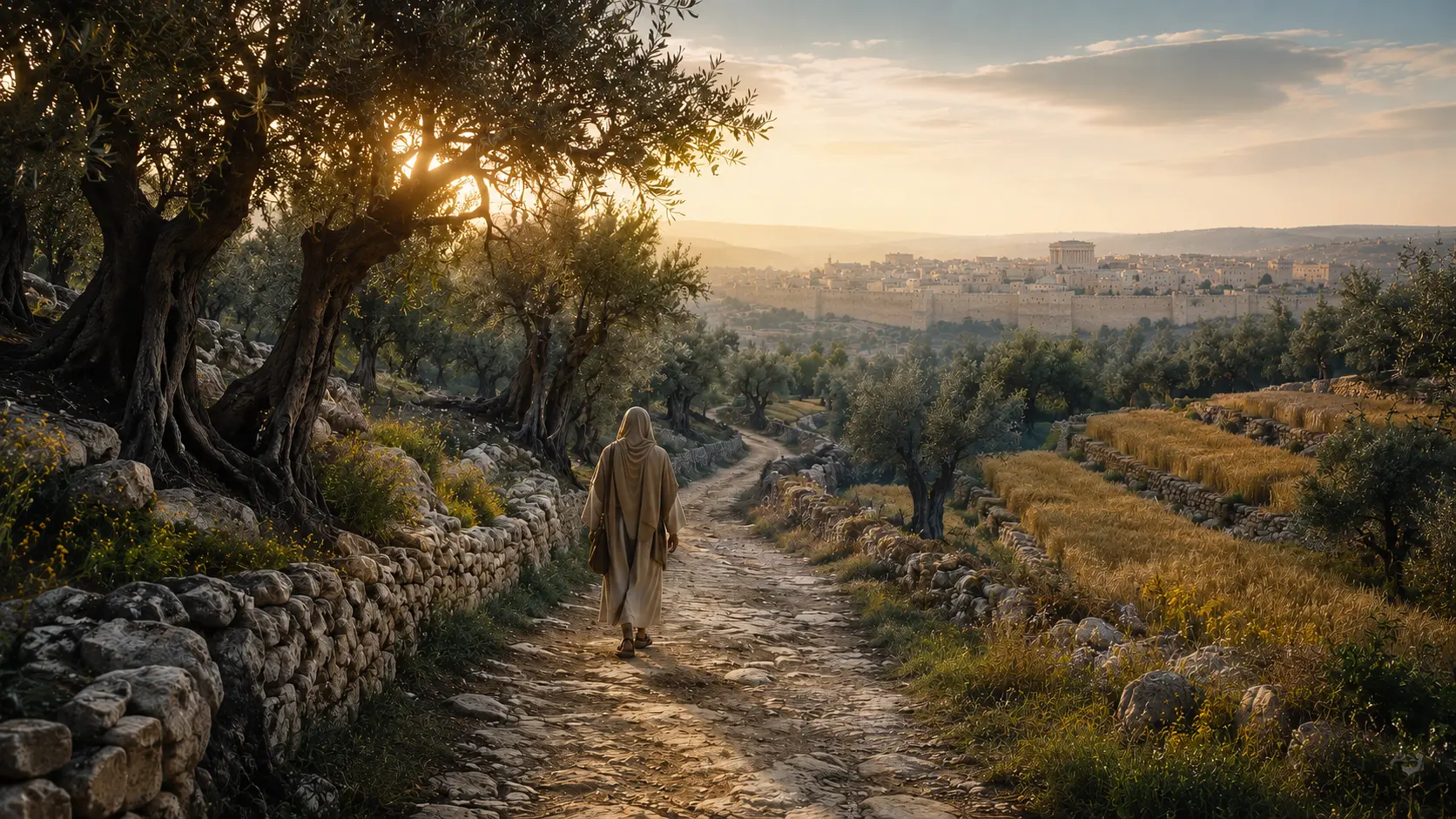 A faithful pilgrim walking an ancient road through olive groves and wheat terraces toward Jerusalem at sunrise