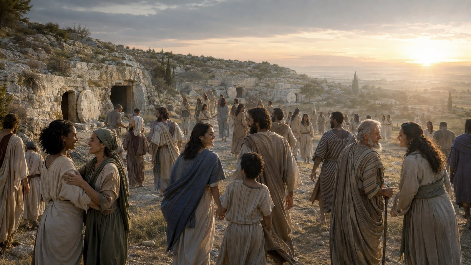 Restored people emerging into dawn light beside opened ancient tombs