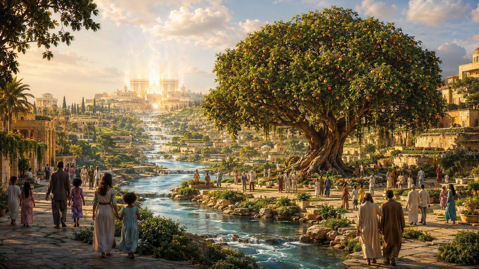 The river of life flowing through a radiant garden-city toward the Tree of Life