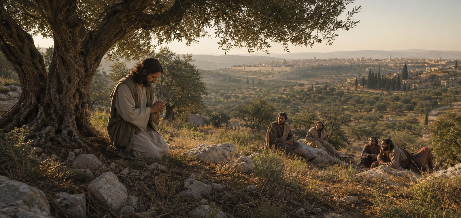 Jesus praying beneath an olive tree at first light