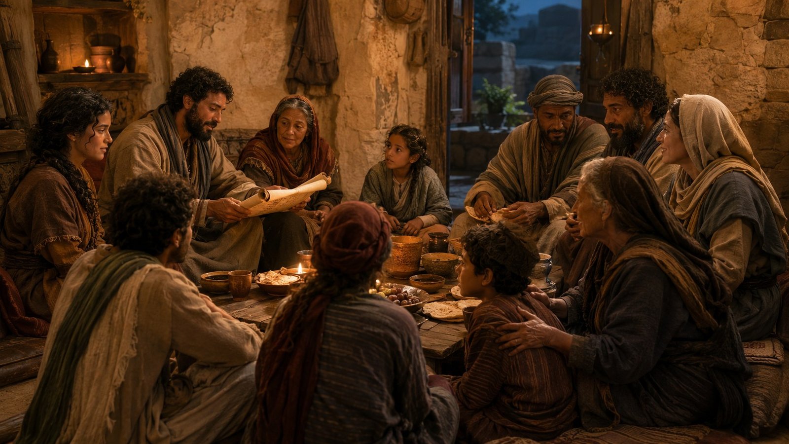 A varied first-century Christian community learning together around a shared table