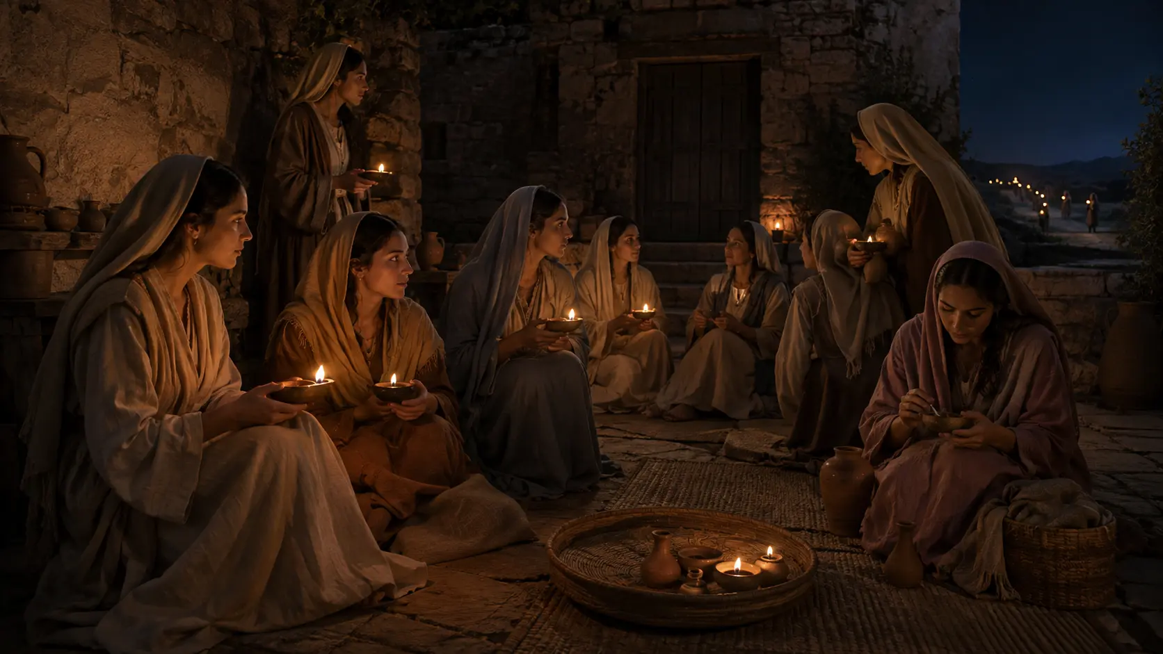 Attendants waiting with oil lamps through the night