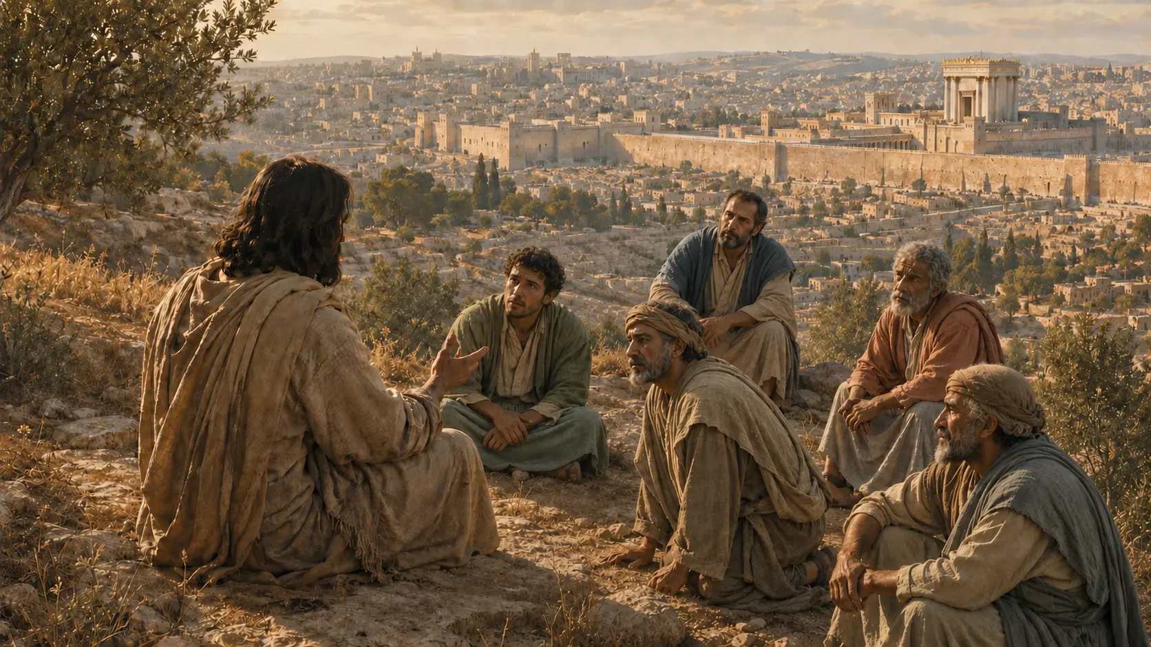 Jesus teaching attentive disciples on the Mount of Olives above Jerusalem