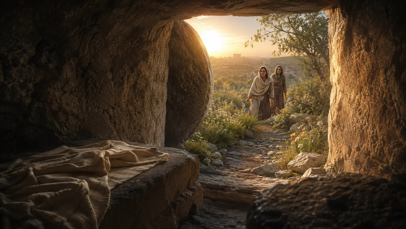 First light entering the empty tomb of Jesus with burial linen visible