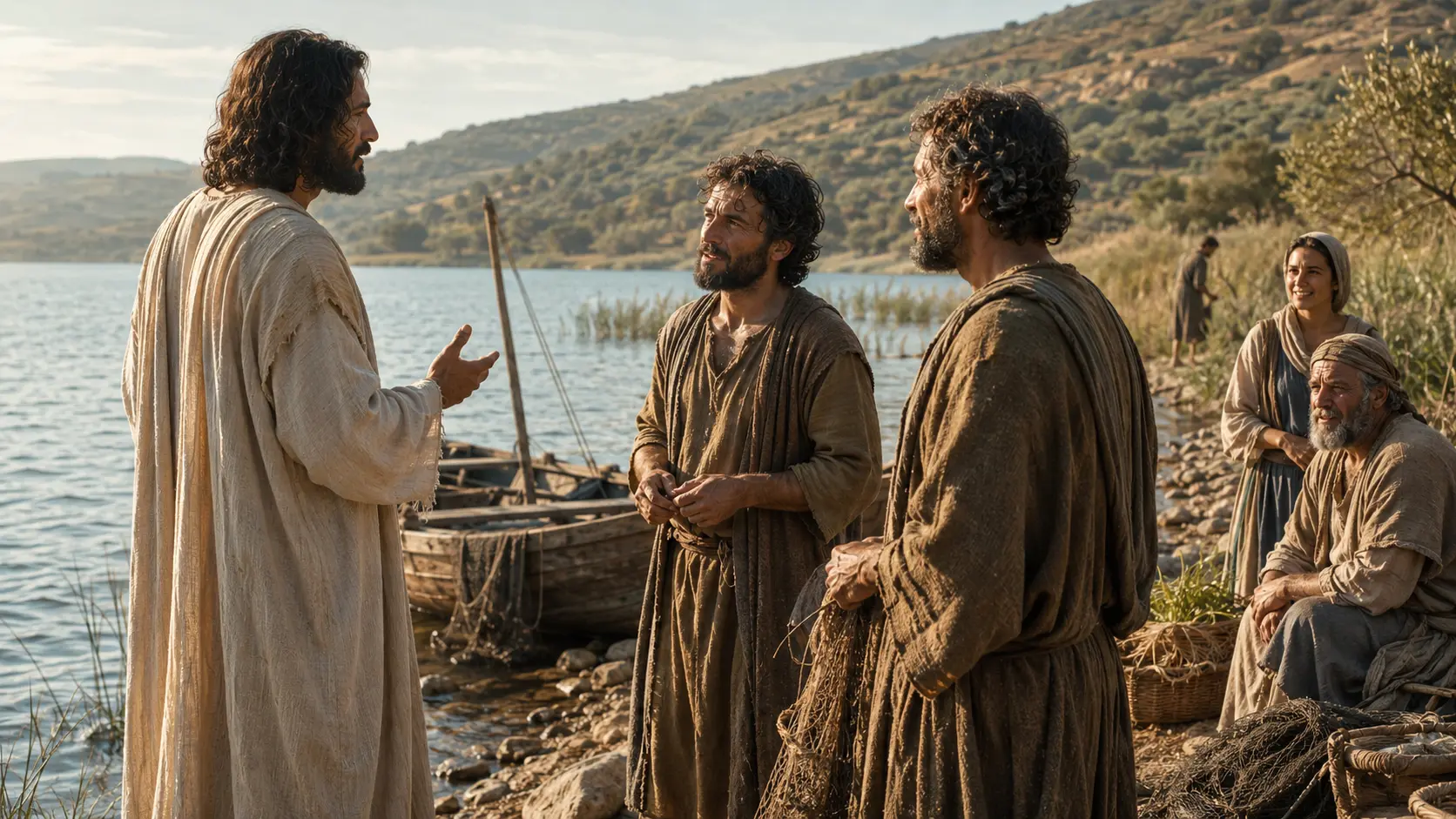 Jesus speaking with people beside the Sea of Galilee