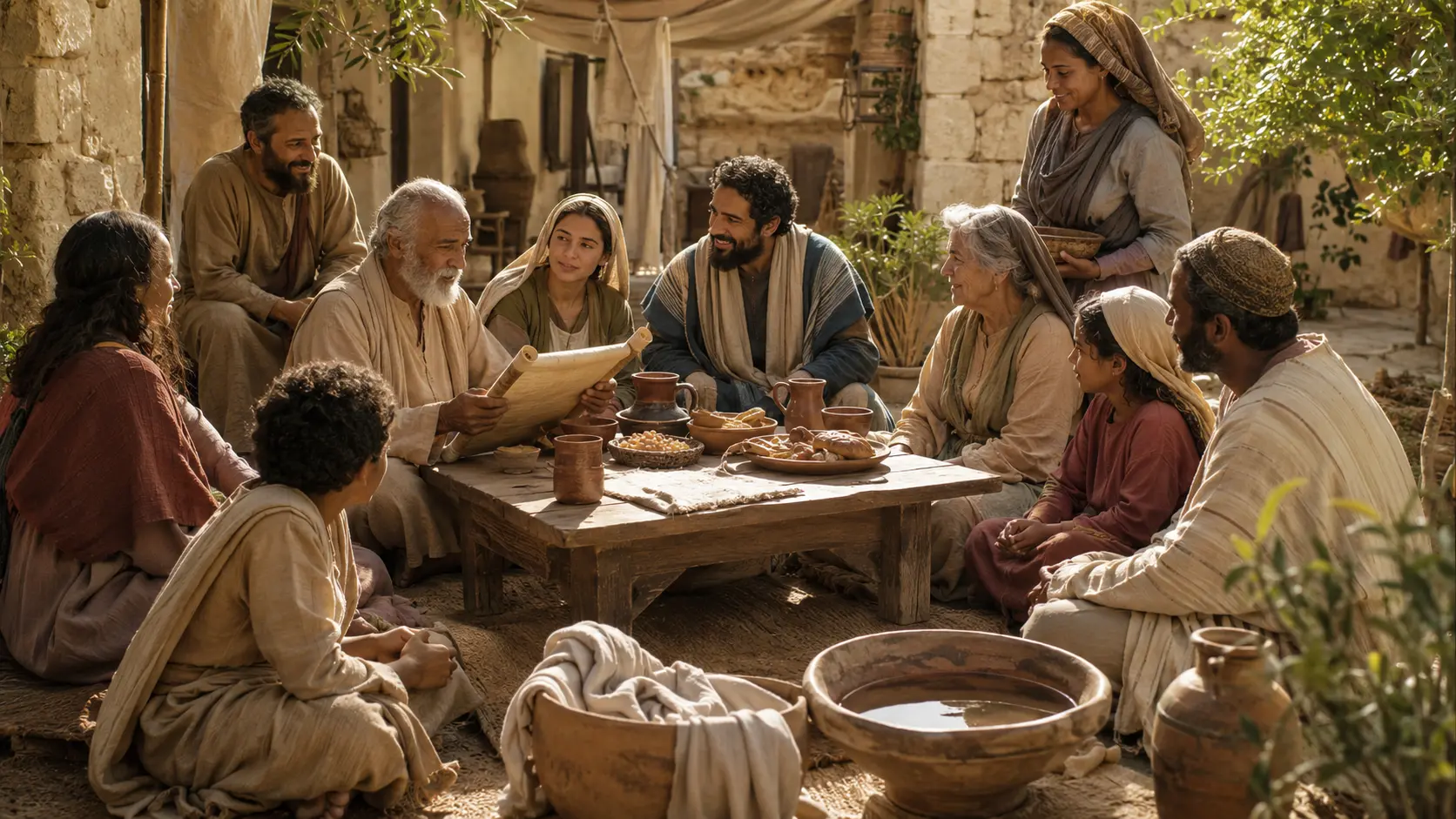 A diverse first-century Christian community gathered around Scripture and a shared table