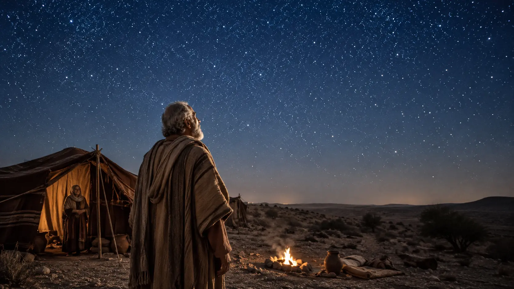 Abraham looking at the stars beside his tents in the ancient Near East