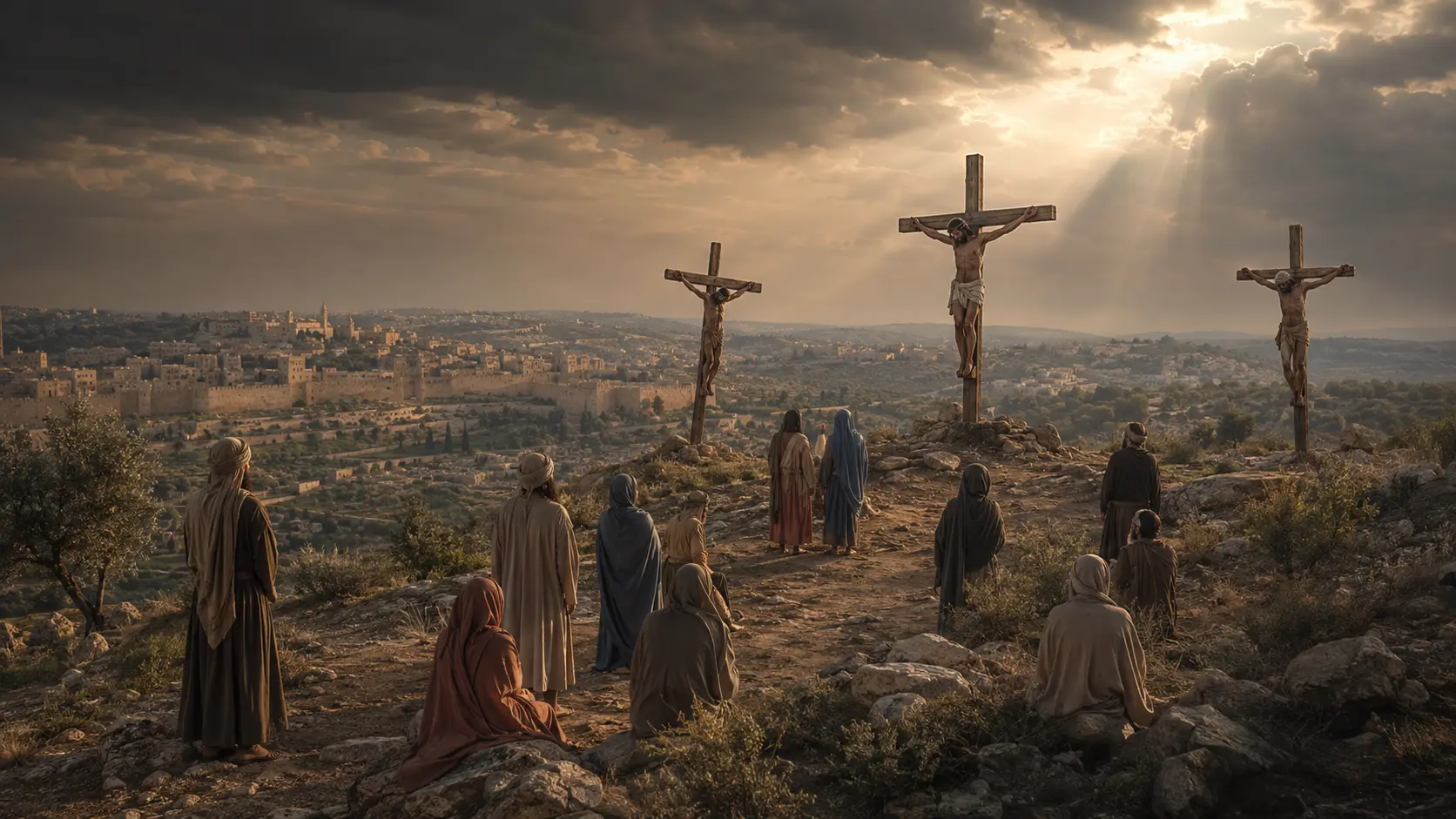 The crucifixion of Jesus outside Jerusalem, portrayed reverently from a distance