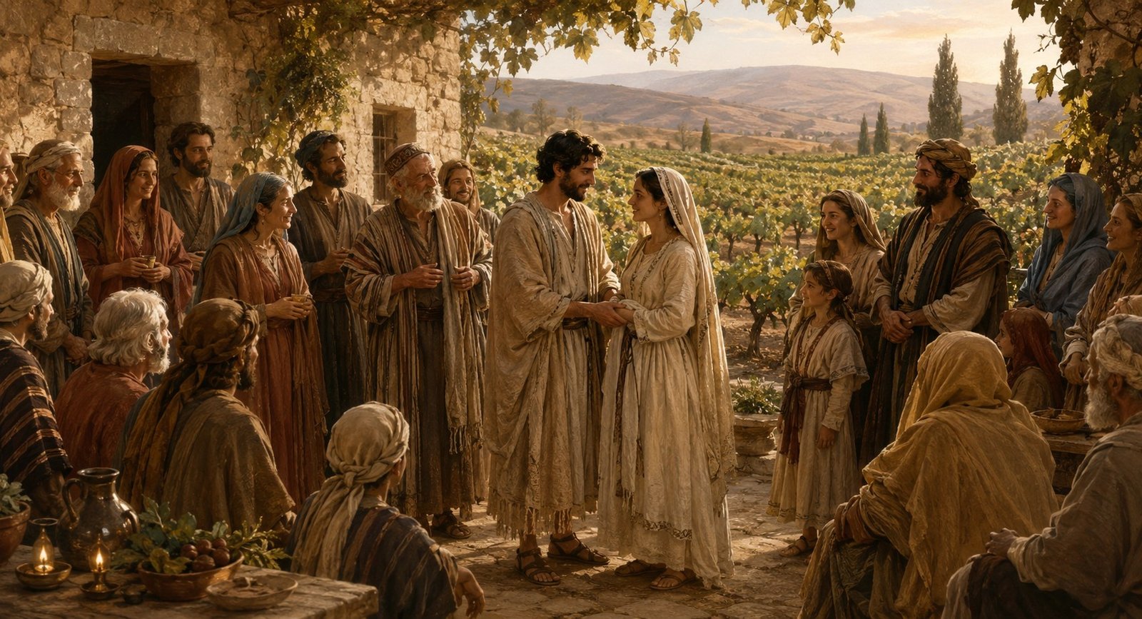 A first-century Jewish wedding gathering in a vineyard courtyard