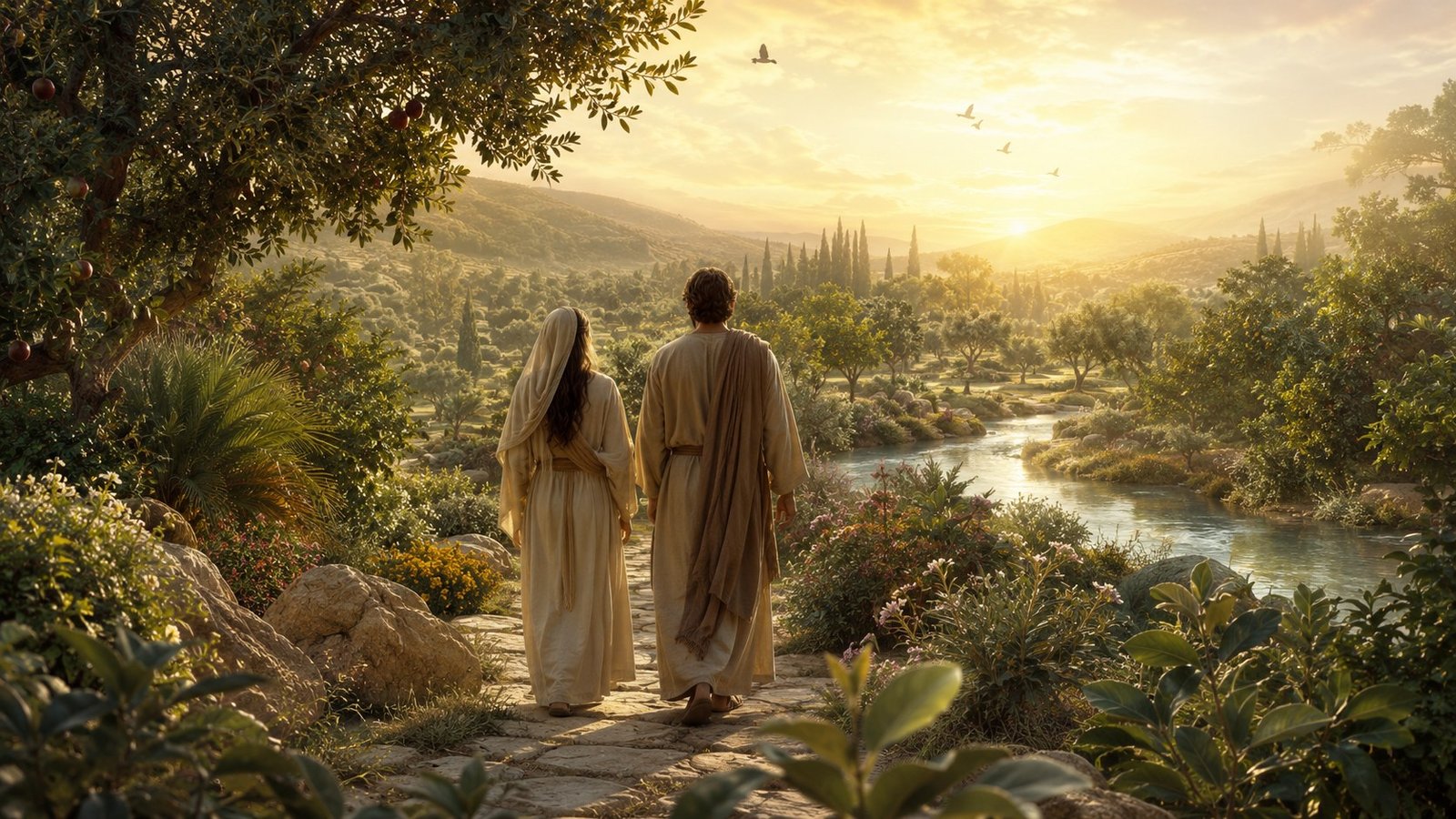 A man and woman walking together through a flourishing garden at first light