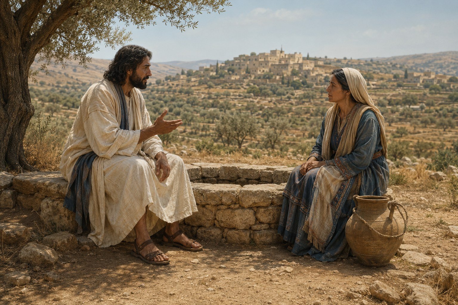 Jesus speaking respectfully with the Samaritan woman at Jacob's well