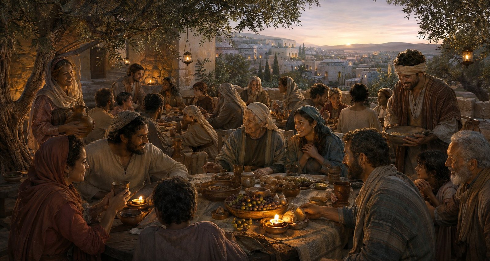 A joyful, diverse wedding feast gathering beneath warm lamps at dawn