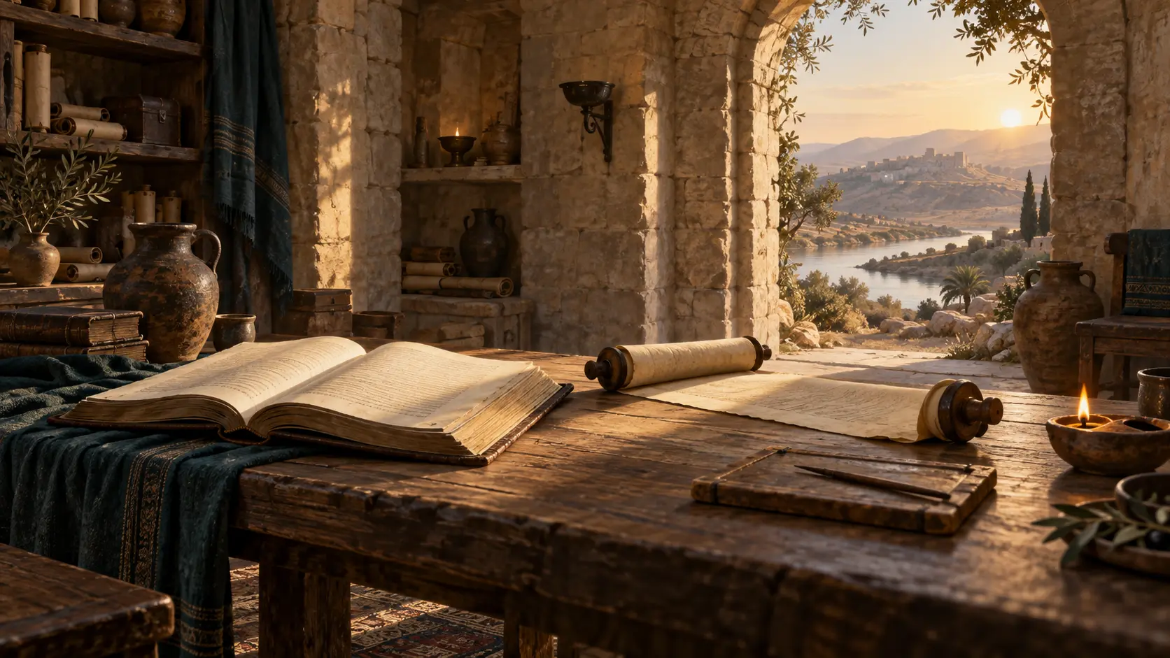 An ancient study room with an open manuscript, scroll and view toward a river at dawn