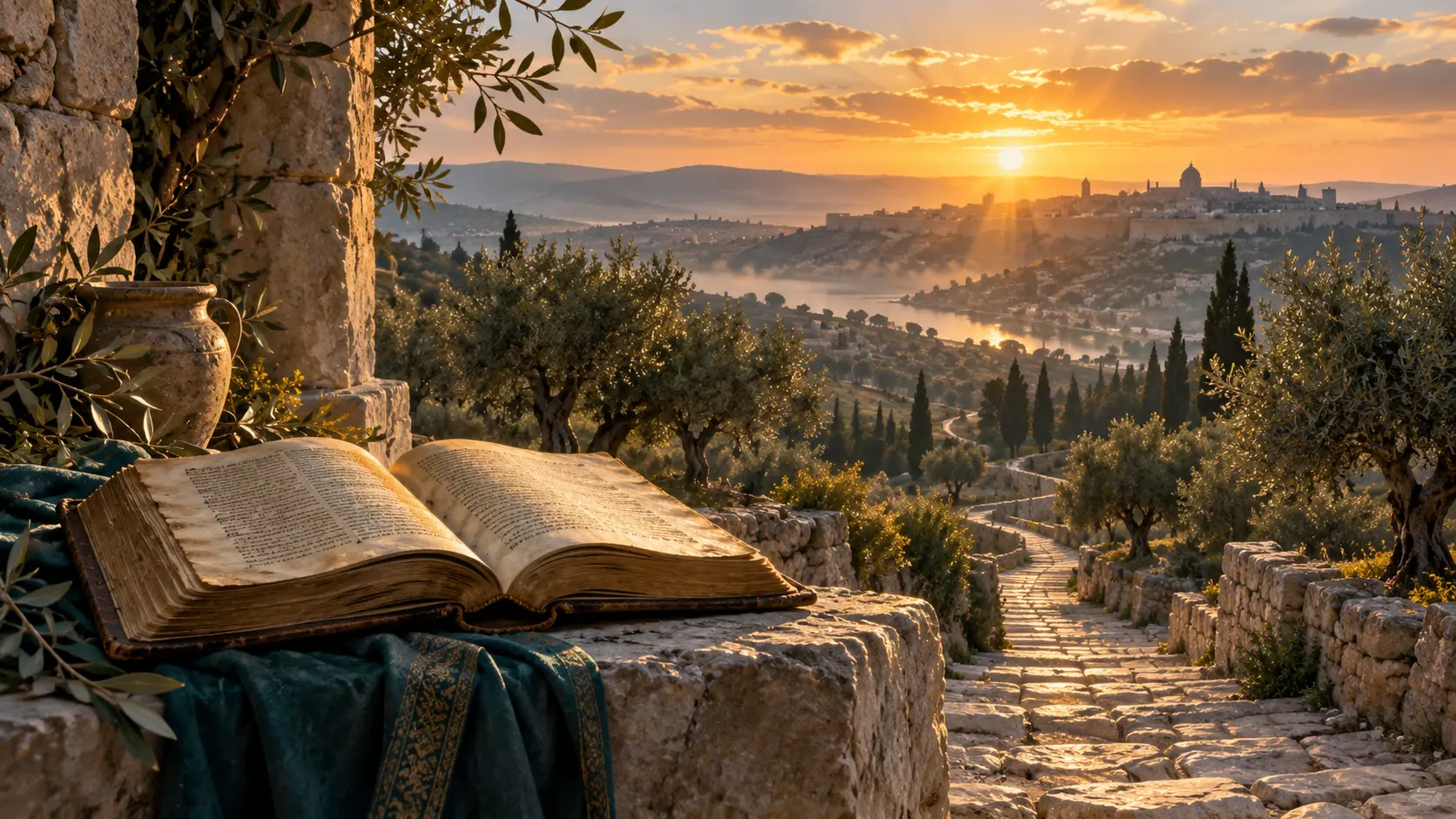 An open manuscript beside a path leading through olive trees toward dawn