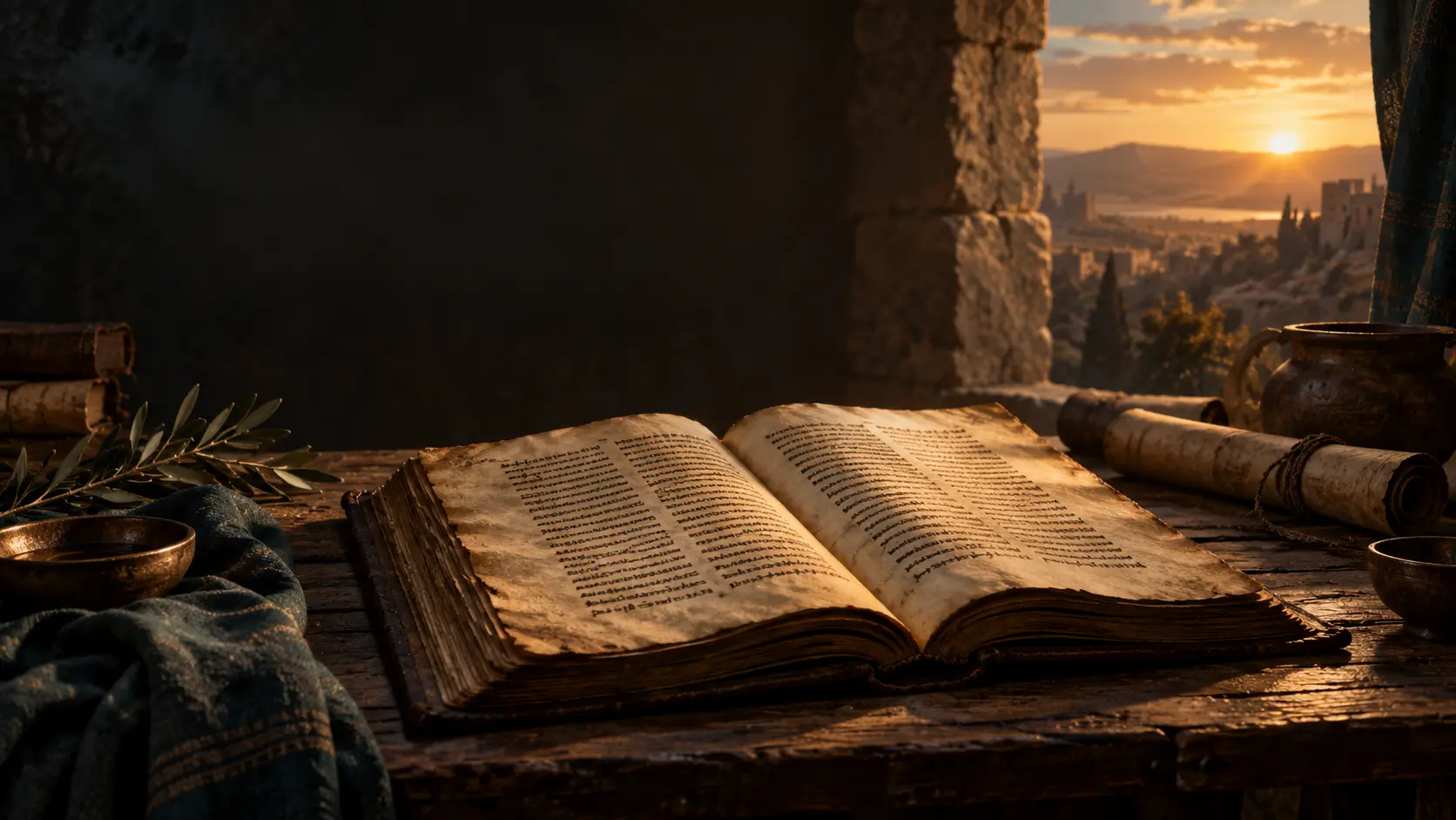 An ancient open manuscript on a wooden table at dawn
