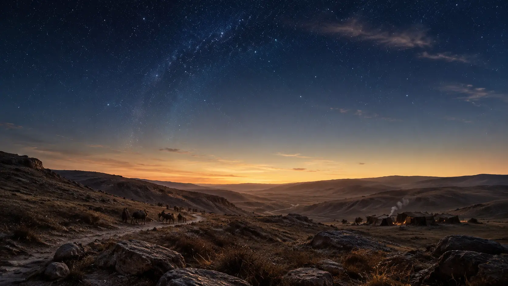 Ancient travellers beneath a vast field of stars in the Near Eastern highlands