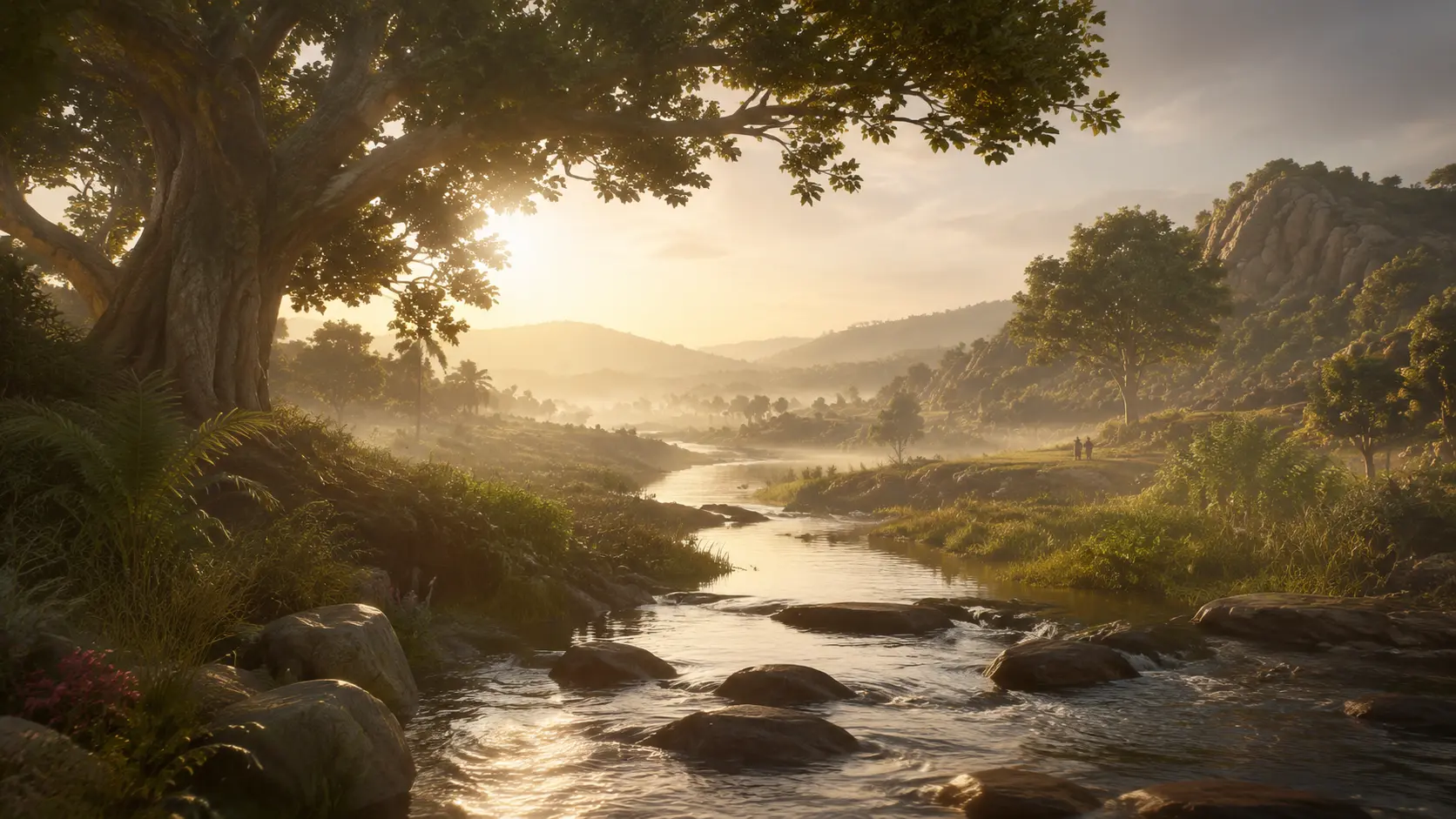 A fertile river valley and garden waking in golden dawn light