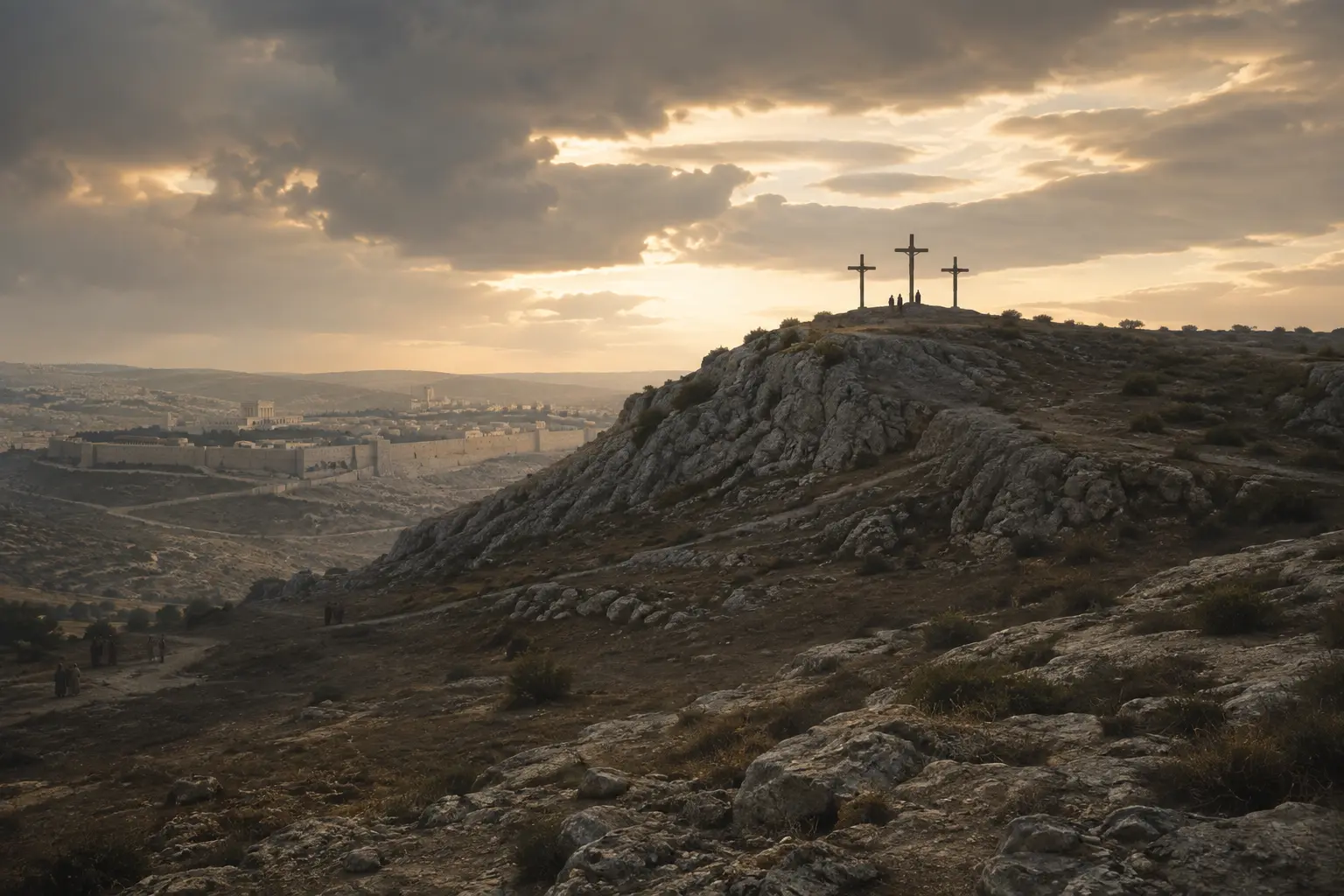 Golgotha seen from a reverent distance beneath a clearing sky
