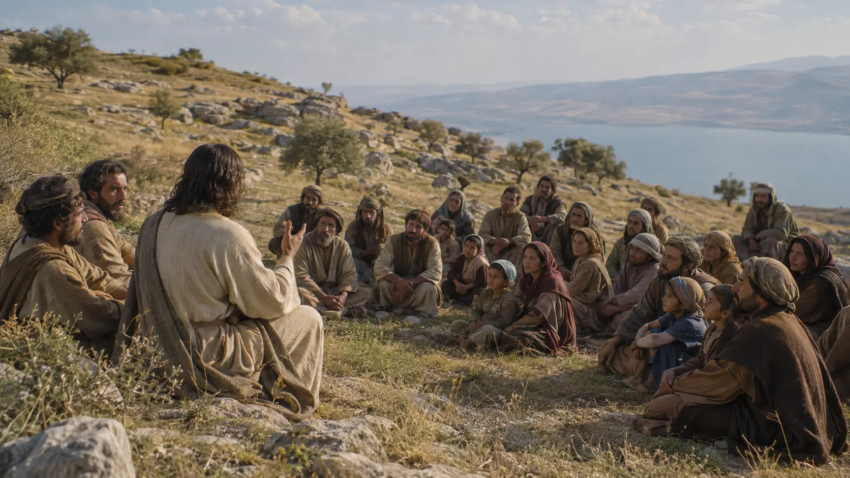 Jesus teaching ordinary people beside the Sea of Galilee