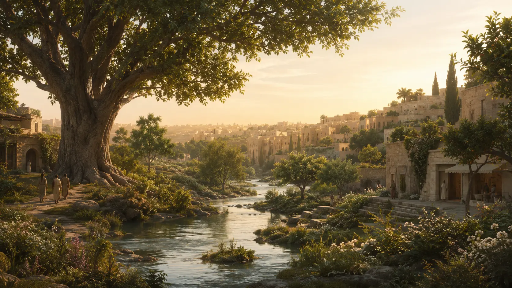 A river flowing through a flourishing garden city in radiant morning light