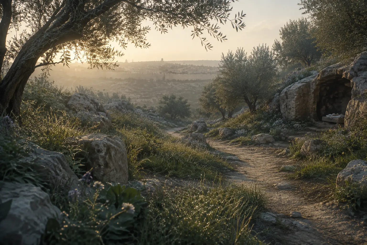 A living garden and outward path beside the opened burial place at dawn