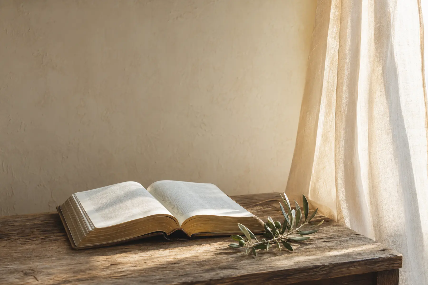 An open Bible beside a softly lit window